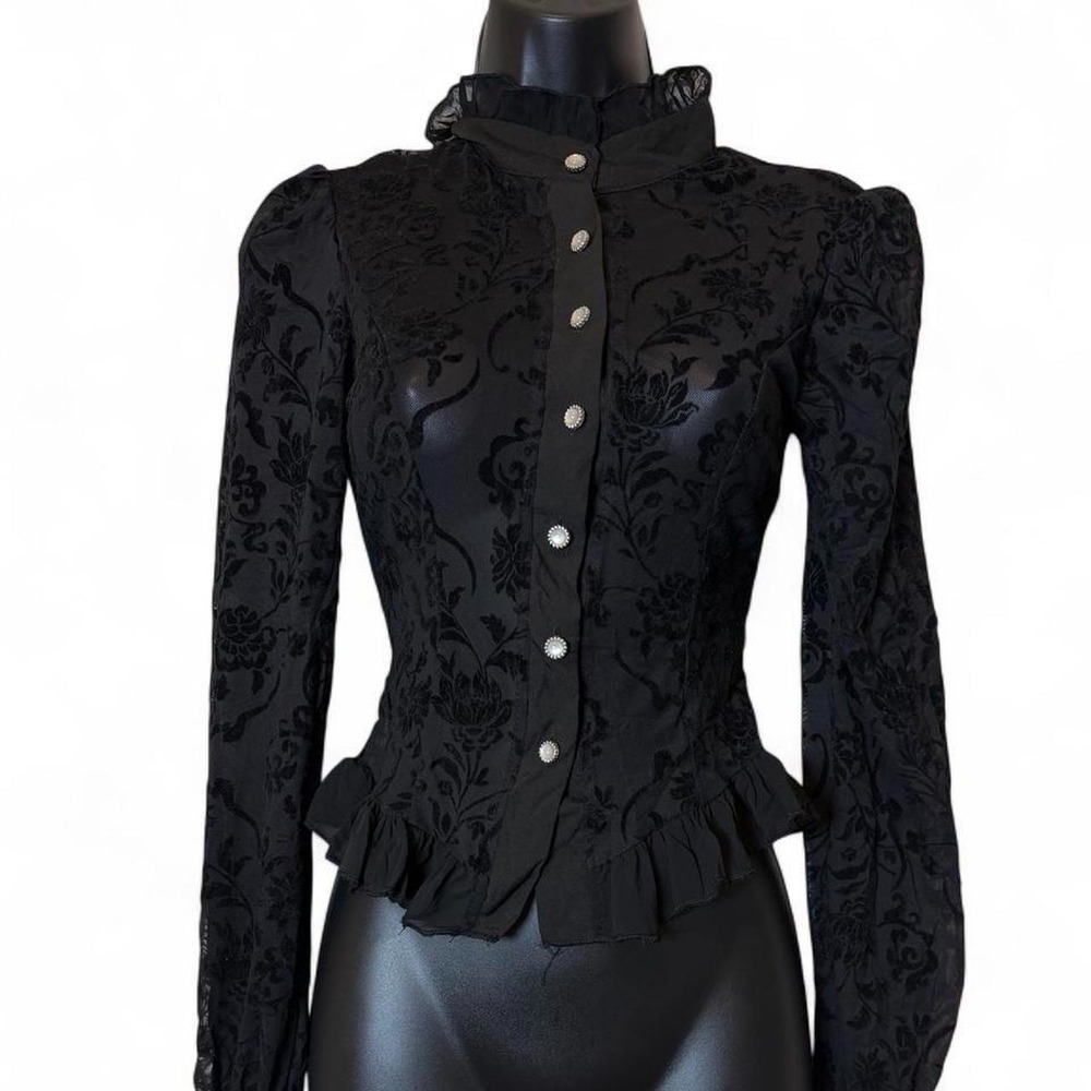 Vintage Y2K Whimsigoth Black Devore Burnout Velvet Lace Up Corset Ruffle Blouse - Picture 2 of 6